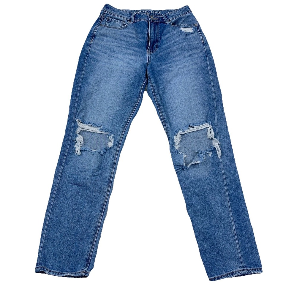 American Eagle Jeans Women 4 Reg Mom Jean Stretch Ripped Holes Med Wash‎ Baggy